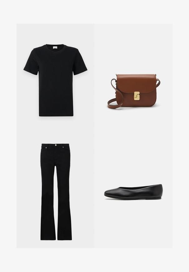 Schwarzes Baumwoll-T-Shirt mit kurzen Ärmeln und Rundhalsausschnitt, mit einem dezenten Logo-Detail an der unteren Vorderseite und einem geraden Saum.; Schwarze, ausgestellte Jeans aus Denim, ausgestattet mit zwei Fronttaschen, einem Knopfverschluss und einer glatten Oberfläche. Signatur-Nähte an den Nähten sichtbar.; Paul Smith TOPANGA - Klassischer Ballerina - black; Braune Ledertasche mit Klappenverschluss, Beschlägen in Goldfarbe, einem Schultergurt und einer glatten Oberfläche. Kompakte rechteckige Form.