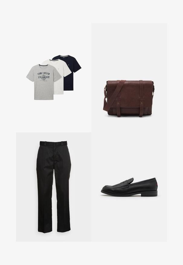 Drie T-shirts met korte mouwen in grijs, wit en marineblauw. Elke shirt heeft een ronde halslijn en unieke bedrukking op het grijze shirt. Zacht katoenmateriaal.; Drie overhemden met lange mouwen: lichtblauw, wit en marineblauw. Allemaal hebben ze een klassieke kraag en een knoopsluiting aan de voorkant, gemaakt van een gladde stof.; Zwarte broek van een gladde stof, met een rechte pijp ontwerp, riemlussen en twee zijzakken. Klassieke uitstraling zonder versieringen.; Zwarte leren instappers met een gladde afwerking, ronde neus en een kleine decoratieve flap. Heeft een lage gestapelde hak en een subtiel merkteken.; Bruine lederen schoudertas met een platte voorflap, twee banden, gouden hardware-accenten en een verstelbare schouderband.