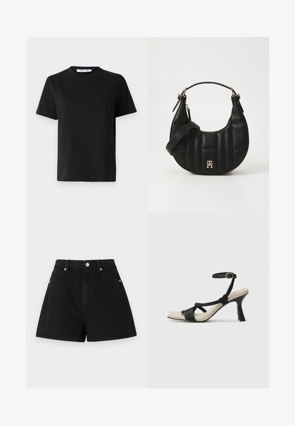 Fekete, rövid ujjú póló, puha pamutból készült, kerek nyakkivágással, laza szabással és sima textúrával. Nincs látható minta vagy grafikák.; Fekete farmer rövidnadrág magas derékkal, öt zsebbel, ezüst kiegészítőkkel és standard szabással, sima textúrával és letisztult kidolgozással.; Fekete sarkú szandál fonott pánttal, négyzet alakú orral és állítható bokapánttal. Világos bézs talpbetét fényes fekete sarkával.; Fekete bőrtáska ívelt formával, steppelt textúrával és arany hardware-rel. Levehető vállpánttal és logó részlettel rendelkezik.