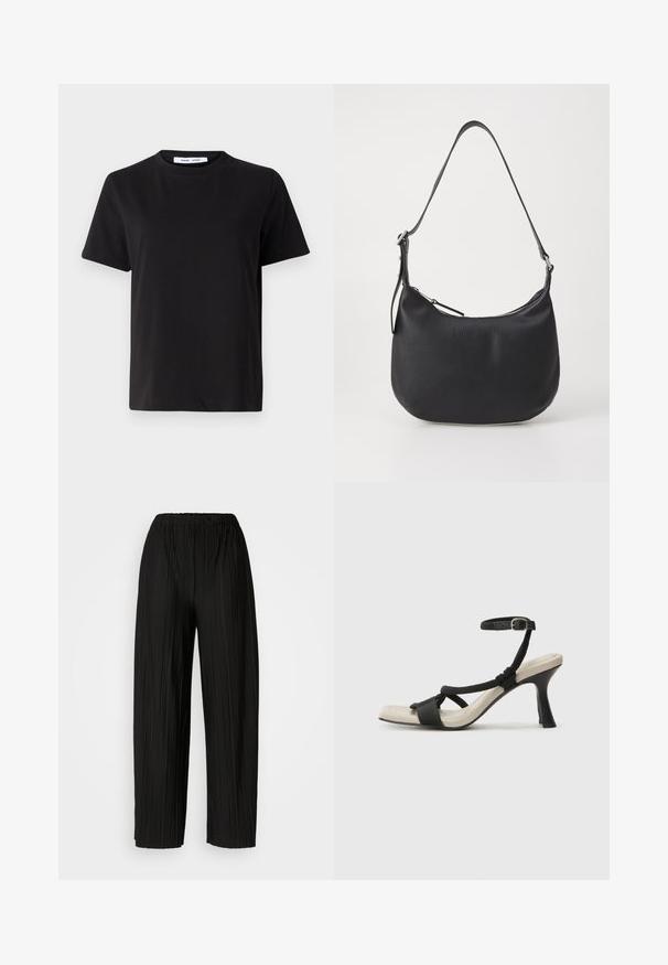 Juodas trumpas rankovės marškinėliai, pagaminti iš minkštos medvilnės, su apvaliu iškirpimu, laisvu pritaikymu ir lygiu paviršiumi. Nėra matomų raštų ar grafikos.; Juodos plisuotos plačios kojos kelnės su elastine juostos. Medžiaga pasižymi vertikaliomis plokštelėmis ir lygiu paviršiumi.; Juodų aukštakulnių sandalų su pintu dirželiu dizainas, kvadratine nosimi ir reguliuojamu kulkšnies dirželiu. Šviesiai bežė padas su blizgiu juodu kulnu.; Juodos odinės petinės rankinės, turinčios kreivą formą, su užtrauktuko uždarymu ir reguliuojama juosta. Priekyje yra įspaudžiama prekės ženklo etiketė.