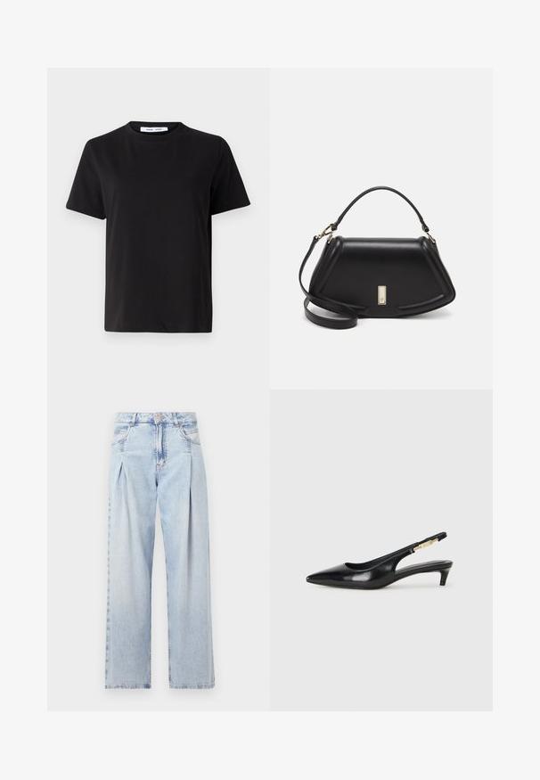 Schwarzes T-Shirt mit kurzen Ärmeln aus weicher Baumwolle, mit rundem Ausschnitt, lockerer Passform und glatter Textur. Keine sichtbaren Muster oder Grafiken.; Helle blaue Denim-Jeans mit hoher Taille, weitem Beinschnitt, zwei seitlichen Taschen und gefaltetem Design. Weiche Textur mit einem ausgebleichten Finish.; Schwarze Leder-Slingback-Pumps mit spitzem Schuhblatt, ausgestattet mit einem schlanken Absatz und einem goldfarbigen Akzent am verstellbaren Riemen. Glatte Textur.; Schwarze Lederhandtasche mit einem strukturierten Design, das eine verkürzte Form, einen oberen Griff und goldfarbene Hardware-Details aufweist. Verstellbarer Schulterriemen ist enthalten.