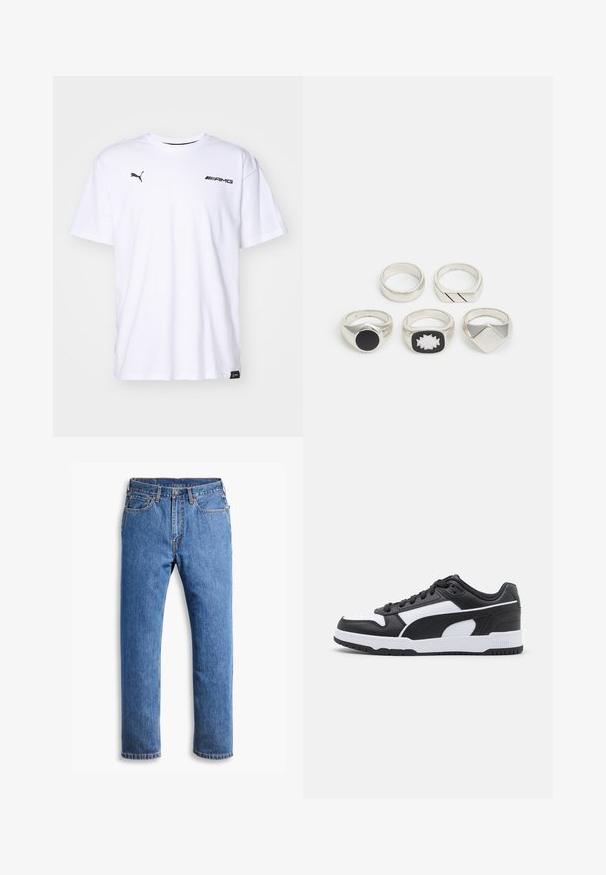 Puma AMG STATEMENT - T-Shirt print - white; Blaue Jeans aus Denim mit geradem Schnitt, mit fünf Taschen, einem Knopfverschluss und orangefarbenen Nähten auf einem klaren weißen Hintergrund.; Schwarzer und weißer Sneaker mit einem Obermaterial aus Leder, strukturierten Akzenten, gepolsterter Zunge, Schnürdesign und einer Gummisohle mit Rillen.; Fünf silberne Ringe: einer mit einem schwarzen kreisförmigen Detail, einer mit einem weiß-schwarzen geometrischen Muster und andere mit verschiedenen Formen und Oberflächenbehandlungen.