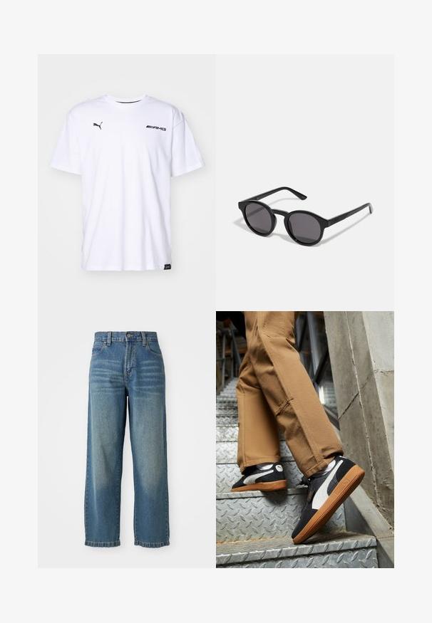 Puma AMG STATEMENT - Print T-shirt - white; Light blue denim wide-leg jeans with a high waist, five pockets, and a slightly faded finish. Features a button and zipper closure.; Black and gray suede sneakers with white accents and gum rubber soles, worn on tan pants while ascending metal stairs.; Black sunglasses with a round, slightly wavy frame, dark lenses, and straight black arms. Smooth, glossy finish with no visible patterns.