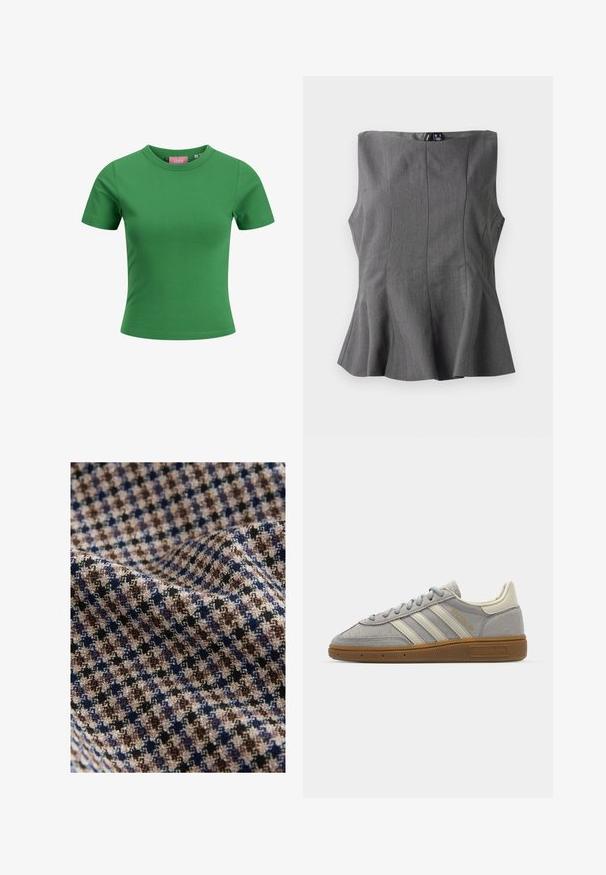 Zielona bawełniana koszulka z krótkim rękawem i okrągłym dekoltem; charakteryzuje się gładką fakturą i dopasowanym krojem. Metka widoczna wewnątrz dekoltu.; Szary top peplum o strukturalnym, bezrękawnikowym fasonie. Wykonany z gładkiego materiału, z pionowymi szwami i prostym dekoltem.; Tkanina w kratę o wzorze w kolorach beżowym, brązowym, granatowym i czarnym, z teksturowanym wykończeniem. Miękka i lekko układająca się.; Szare zamszowe trampki z jasnoszarymi skórzanymi paskami i gumową podeszwą. Wśród cech znajduje się zapięcie na sznurowadła oraz subtelna marka na języku.