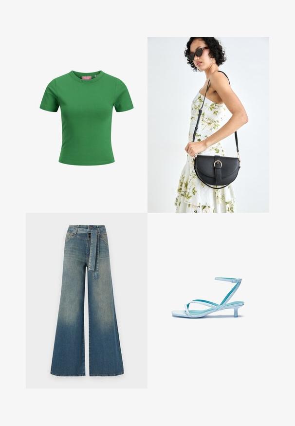 Žalios medvilnės trumpomis rankovėmis marškinėliai su apvalia kaklo iškarpa; pasižymi lygiu paviršiumi ir prigludusia forma. Etiketė matoma viduje kaklo iškarpos.; Platus džinsinis kelnes su šviesiai tamsiai mėlynu gradientu, aukštu juosmeniu, diržo kilpomis ir atitinkančiu audinio diržu. Textūruotas džinsinis paviršius.; Šviesiai mėlynos guminės sandalai su kvadratiniu pirštu, žemu kulnu, reguliuojama kulkšnies juosta ir lygiu, blizgiu paviršiumi. Kryžminiai dirželiai ant pado.; Juodas odinis krepšys su išlenkta forma, nuimamu dirželiu ir auksiniais detalėmis. Krepšys turi kilpą su sagtimi.