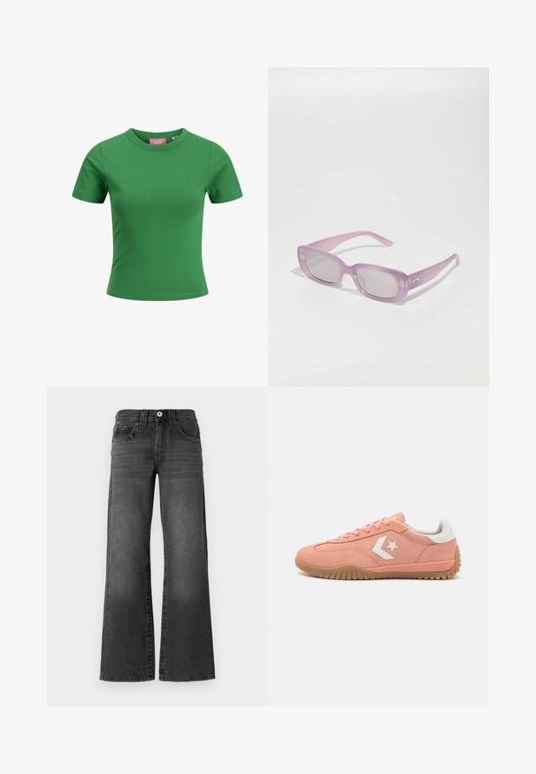 Tricou scurt din bumbac verde, cu mânecă scurtă și guler rotund; are o textură netedă și un design ajustat. Eticheta este vizibilă în interiorul gulerului.; Jeanși cu crăpătură largă din denim gri închis. Au cinci buzunare, închidere cu nasture și estompare subtilă pe material. Accente de cusătură clasică.; Tenisi din suede roz cu accente albe, cu șirete, o talpă texturată din cauciuc, și un logo în formă de stea pe lateral. Au un profil redus și sunt ușori.; Ochelari de soare dreptunghiulari, violet, cu o ramă translucidă, lentile gri și branduirea subtilă pe brâu; textură netedă, hardware minim.