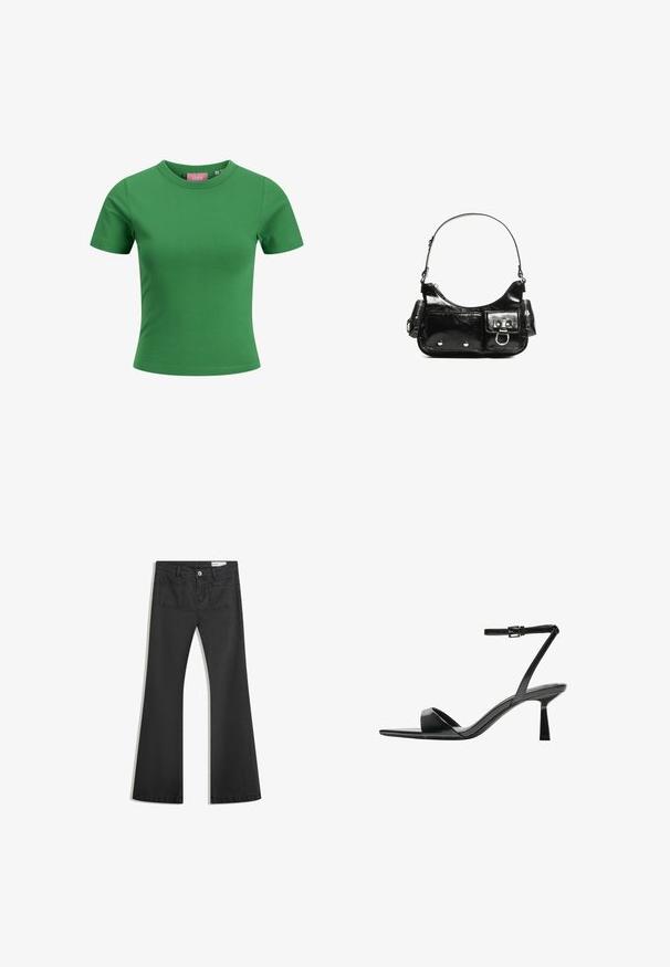 Zelena bombažna majica s kratkimi rokavi in okroglim ovratnikom; ima gladko teksturo in oprijeto zasnovo. Oznaka vidna znotraj ovratnika.; Črne flare traperke z gladko teksturo, opremljene z dvema zadnjima žepoma in gumbnim zapiranjem v pasu.; Bershka Sandali z visoko peto - black; Črna lakasta usnjena torbica s ukrivljeno obliko, enim ramenskim trakom, sprednjimi žepi in srebrnimi kovinskimi dodatki.