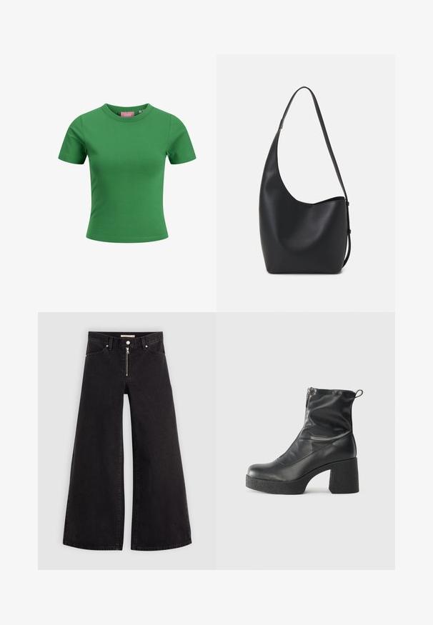 Zelené bavlnené tričko s krátkym rukávom a okrúhlym výstrihom; má hladkú textúru a slim fit strih. Etiketa viditeľná vo vnútri výstrihu.; Dlhé nohavice vo voľnom strihu z čierneho denimu so zipsom vpredu, päť vrecúškovým dizajnom a jemnými stehovými detailmi. Hladká textúra a neformálny štýl.; Čierne členkové topánky z hladkej kože, so bočným zipsom, robustnou textúrovanou pätnou časťou a zaobleným dizajnom špičky.; Čierna kožená hobo taška so hladkou textúrou, zakriveným tvarom a jedným nastaviteľným popruhom; má široké otvorenie na vrchu.