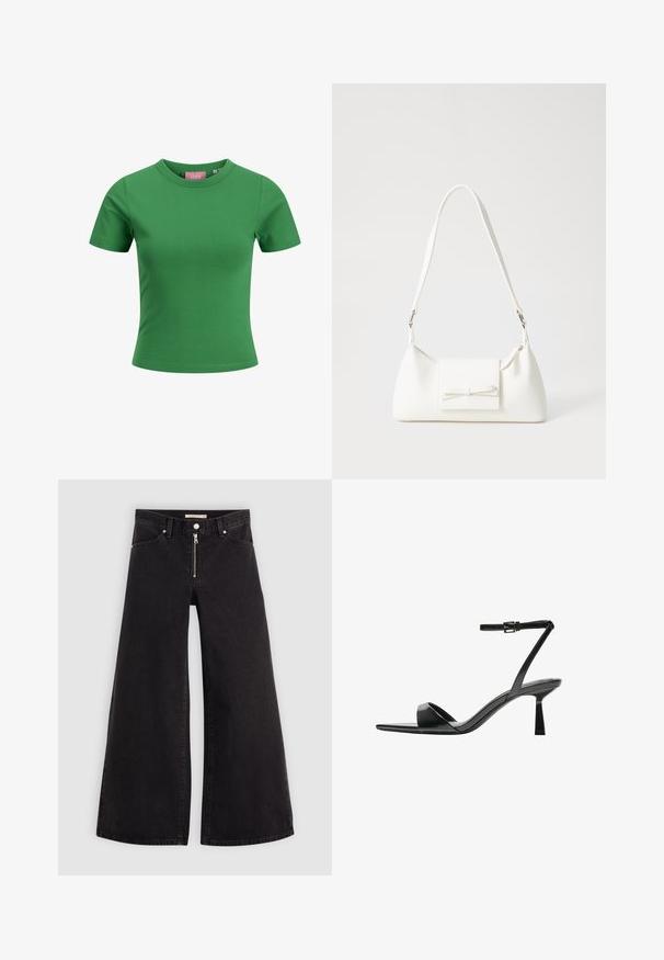 Zelené bavlnené tričko s krátkym rukávom a okrúhlym výstrihom; má hladkú textúru a slim fit strih. Etiketa viditeľná vo vnútri výstrihu.; Dlhé nohavice vo voľnom strihu z čierneho denimu so zipsom vpredu, päť vrecúškovým dizajnom a jemnými stehovými detailmi. Hladká textúra a neformálny štýl.; Bershka Sandále na vysokom opätku - black; Biela syntetická kabelka s trojuholníkovým tvarom, plochým predným klapkou a detailom mašle, nastaviteľným popruhom, hladkou textúrou a minimalistickým dizajnom.