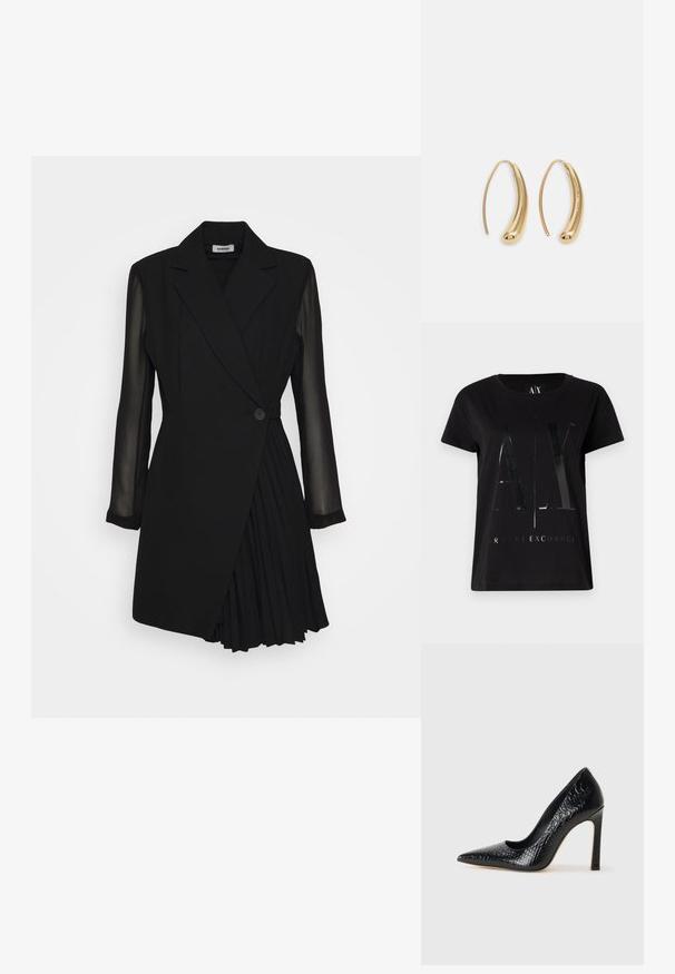 Juoda medvilninė marškinėlių su trumpomis rankovėmis, centre esantis blizgus didelis "AX" logotipas ir tekstas "ARMANI EXCHANGE".; Juodas pritaikytas suknelė su švarkeliu primenančiu viršumi, permatomomis ilgomis rankovėmis, viena mygtuko uždarymo detalė ir raukšlėtu sijonu.; Juoda smailiakulnė aukšto kulno bateliai su krokodilo odos tekstūra, pasižymintys elegantišku dizainu, aukštu stiletu kulnu ir lygia juoda vidine dalimi.; Juodas odinis per petį nešiojamas krepšys su dviem priekiniais kišenėmis, auksiniais sagtimis, užtrauktuko uždarymu ir siauromis petnešomis. Textūruota paviršius ir kompaktiškas stačiakampis formatas.; Auksinės metalinės auskarų kabės su lenktą, pailgą forma. Turi lygų, blizgantį paviršių ir užapvalintą galiuką papildomam akcentui.