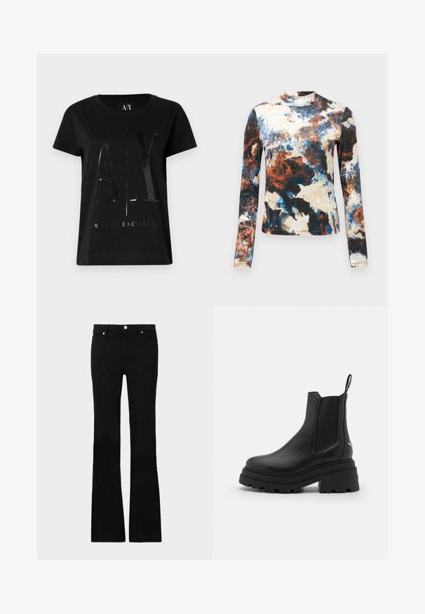 Black cotton t-shirt with short sleeves, featuring a glossy, large "AX" logo and "ARMANI EXCHANGE" text in the center.; Long-sleeve top in a blend of blue, brown, and cream abstract patterns. Soft fabric with a fitted design and high neck.; Black flared jeans made of denim, featuring two front pockets, a button closure, and a smooth texture. Signature stitching visible at seams.; Black chelsea boots made of smooth leather with elastic side panels, a thick, ridged rubber sole, and a pull tab at the back.