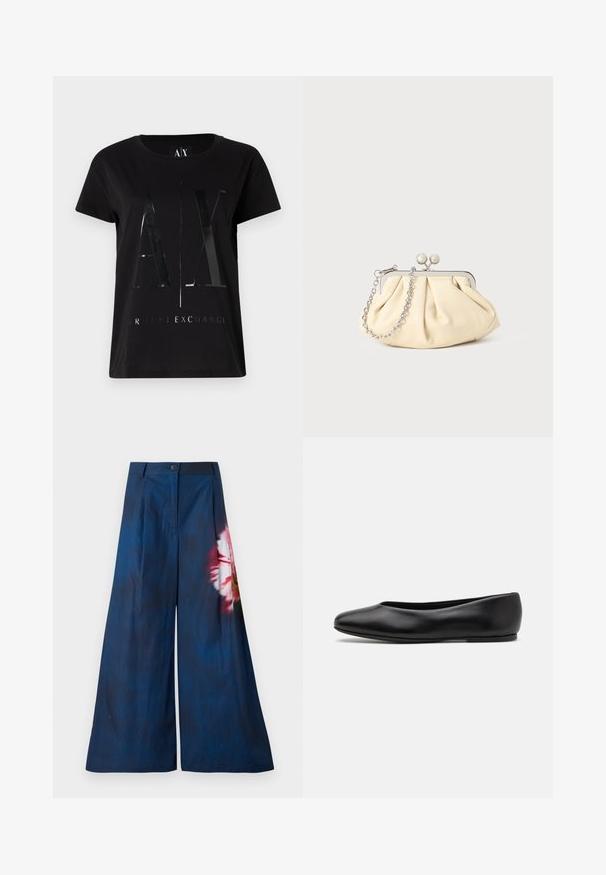Črna bombažna majica s kratkimi rokavi, ki v središču prikazuje sijoč, velik logotip "AX" in besedilo "ARMANI EXCHANGE".; Široke hlače v temno modri tkanini, ki imajo rožnati in rumeni cvetlični vzorec na eni strani, z gumbom za zapiranje v predelu pasu.; Paul Smith TOPANGA - Balerinke - black; Zavihani bež usnjeni nahrbtnik s srebrnim kovinskim okvirom, ki ima dve okrogli okrasni zaponki in srebrno verižico.