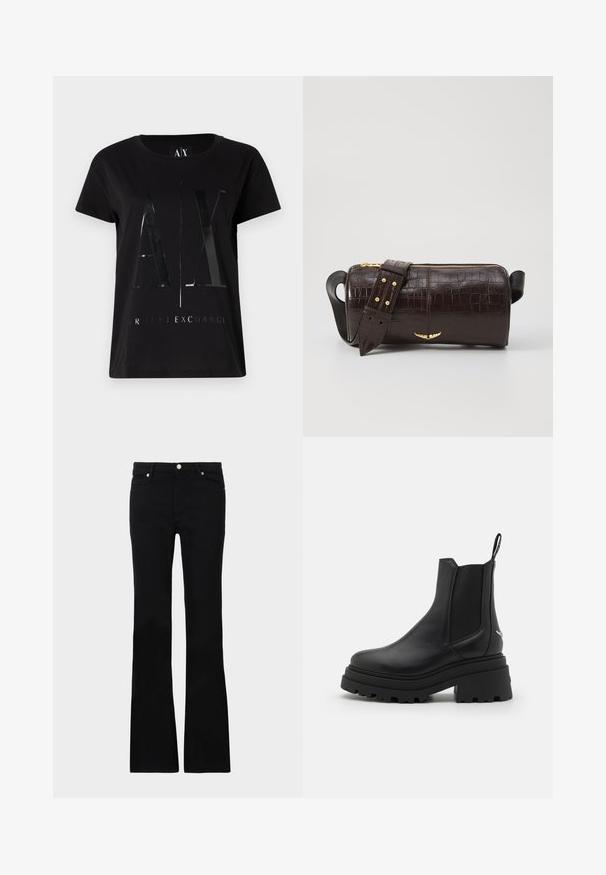 Black cotton t-shirt with short sleeves, featuring a glossy, large "AX" logo and "ARMANI EXCHANGE" text in the center.; Black flared jeans made of denim, featuring two front pockets, a button closure, and a smooth texture. Signature stitching visible at seams.; Black chelsea boots made of smooth leather with elastic side panels, a thick, ridged rubber sole, and a pull tab at the back.; Brown crocodile-embossed leather bag with a cylindrical shape, gold-tone hardware, and a detachable strap featuring studs.