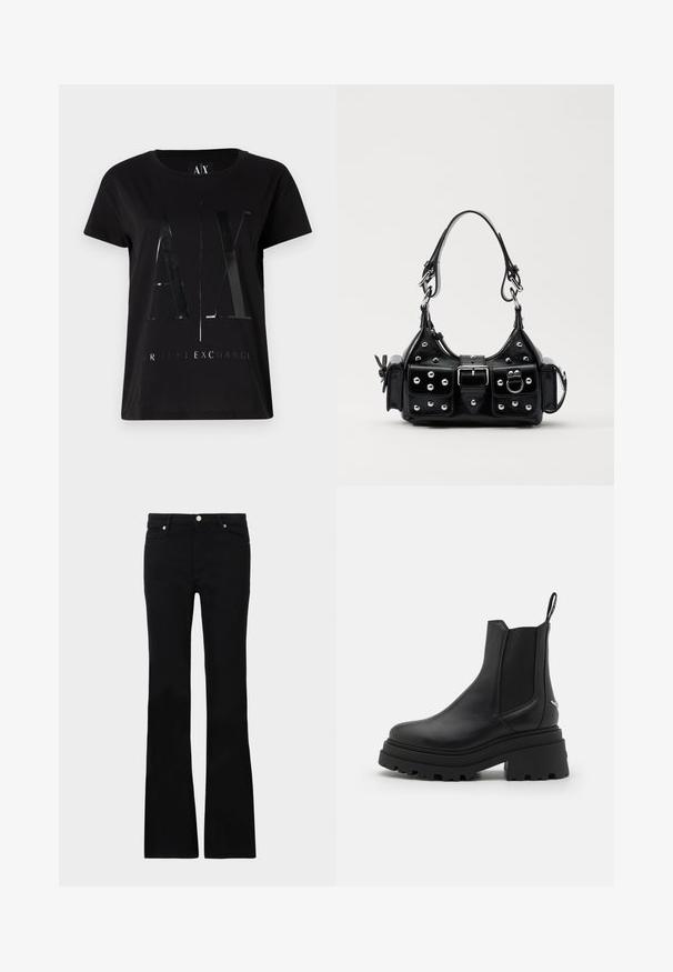 Black cotton t-shirt with short sleeves, featuring a glossy, large "AX" logo and "ARMANI EXCHANGE" text in the center.; Black flared jeans made of denim, featuring two front pockets, a button closure, and a smooth texture. Signature stitching visible at seams.; Black chelsea boots made of smooth leather with elastic side panels, a thick, ridged rubber sole, and a pull tab at the back.; Black leather handbag with a curved design, featuring silver studs, a buckle, and two side pockets. Adjustable strap for carrying options.