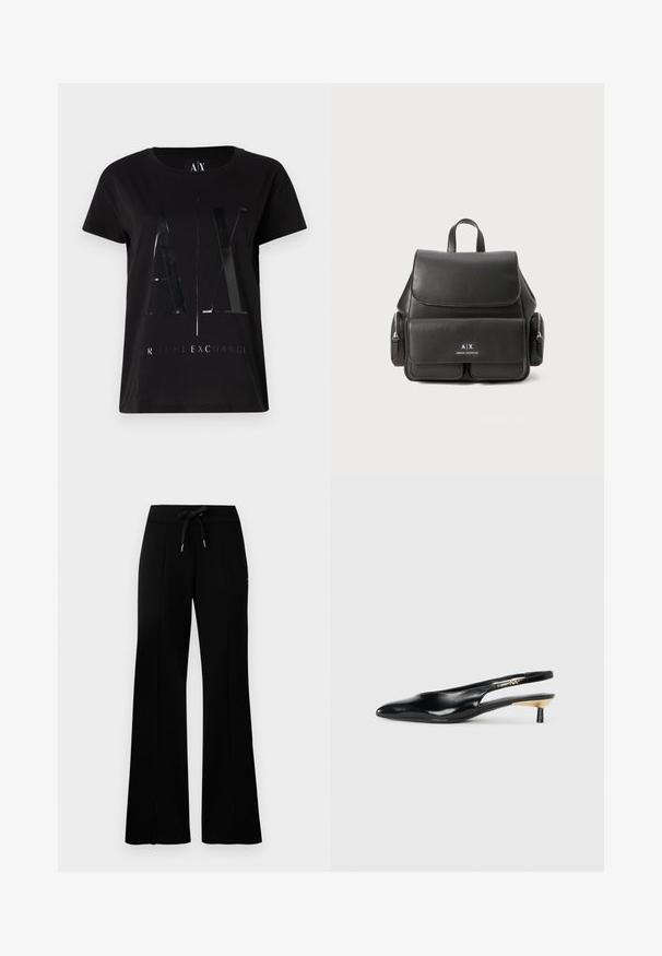 Black cotton t-shirt with short sleeves, featuring a glossy, large "AX" logo and "ARMANI EXCHANGE" text in the center.; Black wide-leg sweatpants with a drawstring waistband, side slit accents, soft fabric, and a sleek design.; Black slingback pump with a pointed toe, glossy leather finish, and a small heel with a gold accent. Sleek design with a open back.; Black leather backpack with a flap closure, front pocket, side zipper compartments, and a top handle. Features logo detailing at the front.