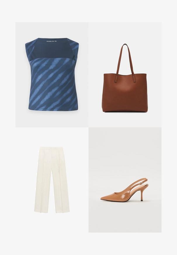 Marineblå ærmeløs top med et tie-dye mønster i forskellige nuancer af blå, med en glat overflade og en rund halsudskæring.; Bredbenede bukser i en lys cremefarve. Fremstillet af et glat stof med plisseringer foran og sidelommer.; Spids tå slingback hæl i et glat, blankt tan materiale. Har et buet udskæring design og en slank stiletto hæl. Sølv spænde detalje.; Brun læder tote taske med en glat overflade, åben topdesign og to skulderremme. Har minimal syning og ingen synlig hardware.