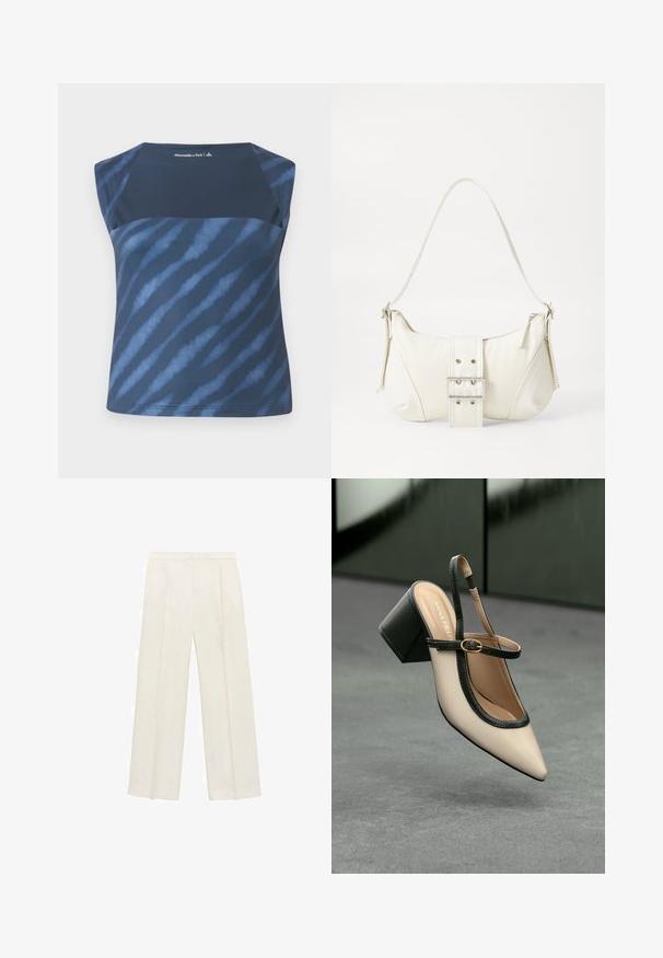 Top fără mâneci de culoare albastru marin, cu un model tie-dye în diverse nuanțe de albastru, având o textură netedă și un decolteu rotund.; Pantaloni cu picioare largi, de culoare crem deschis. Realizați dintr-un material neted, cu plisuri în față și buzunare laterale.; Pantof divers în nuanță bej, cu vârf ascuțit, curea de susținere în spate, cu margine neagră, cataramă aurie și toc gros pe un podea gri, cu un fundal verde închis.; Geantă albă de umăr cu un finisaj texturat, un accent cu cataramă centrală și o formă curbată. Încărcătoare cu fermoar pe ambele laturi.