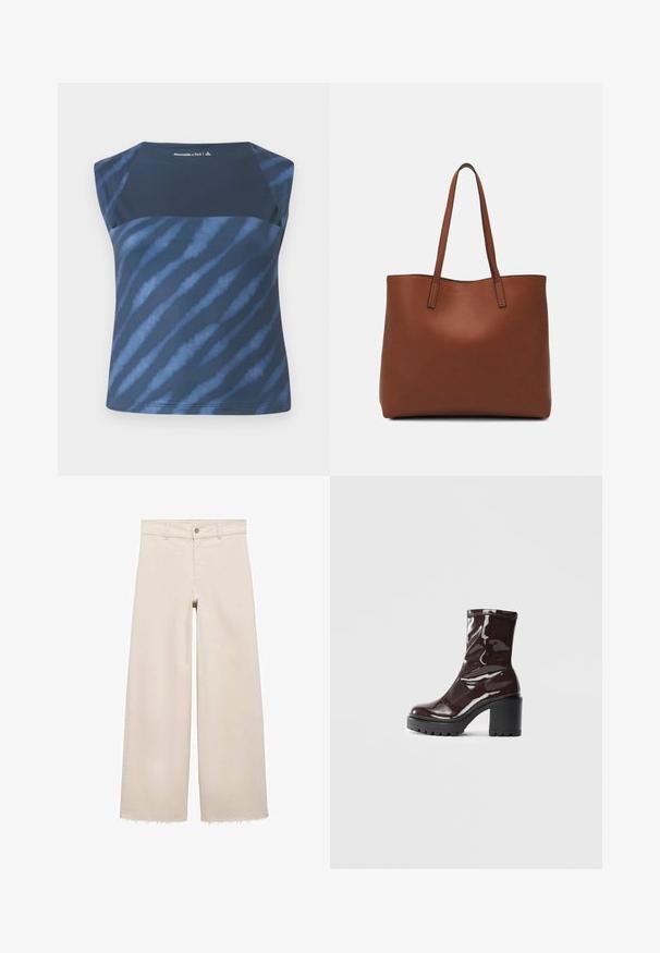 Tamnoplav majica bez rukava s tie-dye uzorkom u raznim nijansama plave boje, s glatkom teksturom i zaobljenim izrezom.; Bež traperice širokih nogavica s visokim strukom, s kopčanjem na gumb, prednjim džepovima i strganim rubovima. Izrađene od trapera.; Sjajna burgundska čizma do gležnja s debelim crnim potplatom, koja se odlikuje glatkom teksturom i jednostavnim dizajnom. Nema vidljivih kopčanja ili uzoraka.; Smeđa kožna torba preko ramena s glatkom teksturom, otvorenim vrhom i dvjema naramenicama. Ima minimalne šavove i nema vidljivog hardvera.