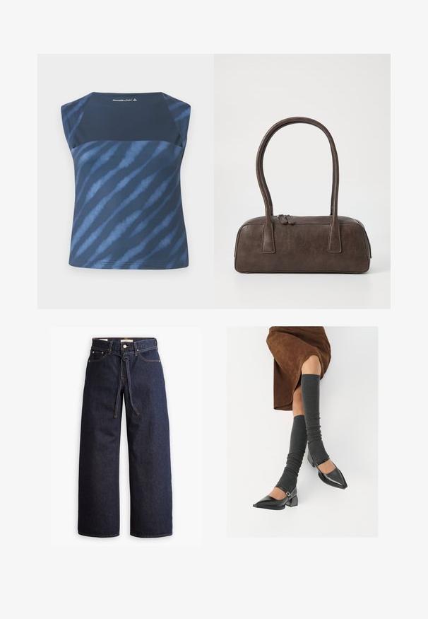 Granatowy top bez rękawów z wzorem tie-dye w różnych odcieniach niebieskiego, charakteryzujący się gładką teksturą i okrągłym dekoltem.; Spodnie dżinsowe w kolorze ciemnoniebieskim o szerokich nogawkach i wysokim stanie, z wiązaniem na sznurki, pięcioma kieszeniami oraz kontrastowymi detalami w staszcu.; Czarne lakierowane buty na szpilce z prostokątnym obcasem i paskiem na kostce, zestawione z szarymi prążkowanymi ocieplaczami na nogi oraz brązową zamszową spódnicą.; Brązowa skórzana torebka na ramię z dwoma solidnymi uchwytami, prostokątny kształt, gładka faktura i zamek błyskawiczny. Minimalistyczny design bez widocznych wzorów.