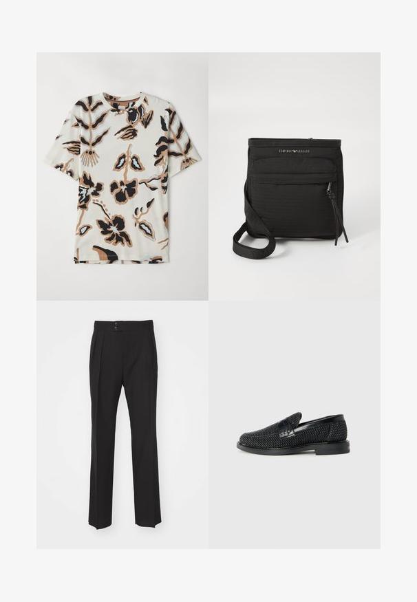 Camiseta de manga corta hecha de tela suave, con fondo crema y patrones florales abstractos en negro, marrón y azul claro.; Pantalones negros a medida con un diseño de pierna recta, dos bolsillos delanteros y un cierre de doble botón en la cintura. Textura de tela suave.; Zapato negro de tejido con un acento de cuero suave en la parte superior, diseño de punta redonda y suela de goma de perfil bajo.; Bolso bandolera negro de Emporio Armani con bolsillo frontal con cremallera, correa ajustable y detalle de logo en tejido texturizado.