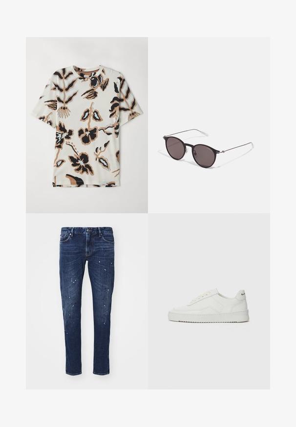 Tričko s krátkym rukávom vyrobené z jemnej látky, s krémovým pozadím a abstraktnými kvetinovými vzormi v čiernej, hnedej a svetlomodrej farbe.; Tmavomodré denimové džínsy so slim fit strihom, ktoré majú farebné kvapky farby, viditeľné švy a štandardný dizajn s piatimi vreckami. Rovný strih nohavíc.; Biele kožené tenisky s hladkým povrchom, okrúly špičkový dizajn, ploché šnúrky a textúrovaná podrážka. Obsahujú jemné logo na päte.; Čierne okrúhle slnečné okuliare s tmavými sklami a tenkými kovovými ramenami. Obsahujú priehľadné konce rámov a strieborné akcenty na pántoch. Minimalistický dizajn.