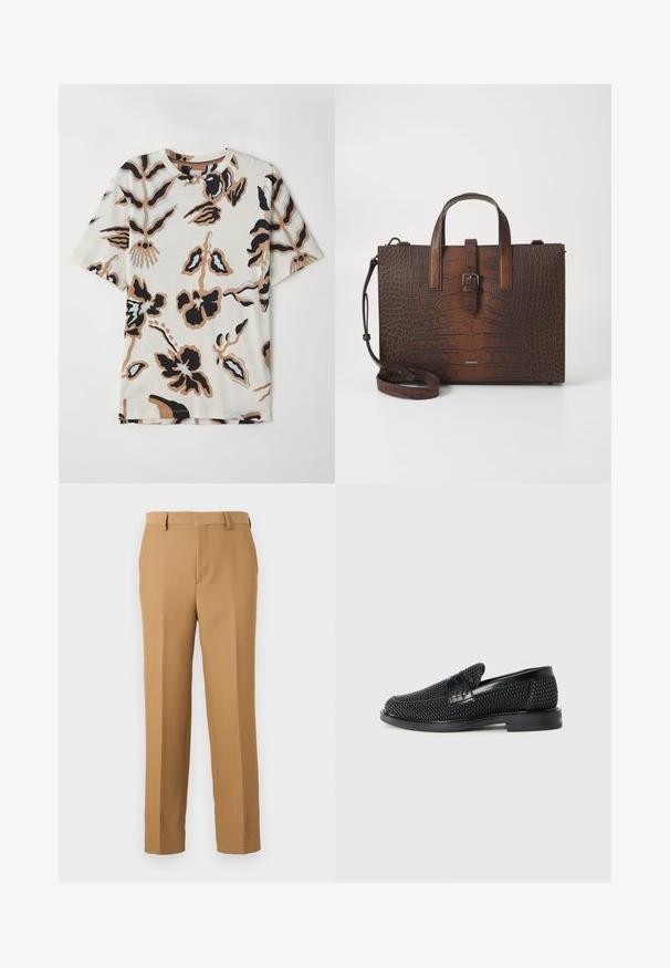 Īsām piedurknēm T-krekls no mīksta auduma, ar krēmkrāsas fonu un abstraktiem ziedu rakstiem melnā, brūnā un gaiši zila krāsā.; Bēšas krāsas bikses noaustā audumā, ar taisnu griezumu, plakanu priekšu un jostas cilpām. Gluda tekstūra bez redzamām rakstām.; Melnas austas slaidu kurpes ar gludu ādas akcentu augšpusē, apaļas formas purngalu un zemas profila gumijas zoli.; Brūna krokodila ādas rokassoma ar augšējiem rokturiem un noņemamu plecu siksnu. Iezīmes: sprādzes aizdare un taisnstūra forma.