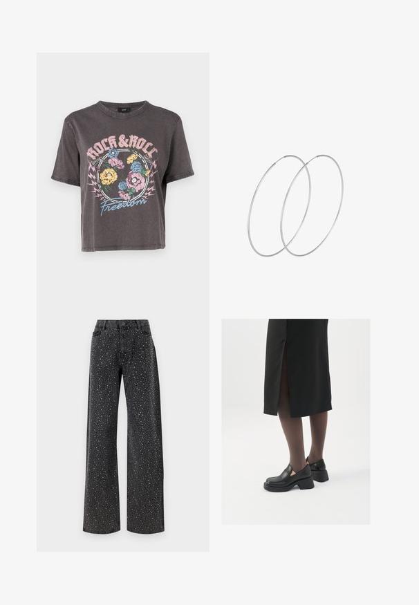 JDY JDYFAROCK ELINA - Apdrukāts T-krekls - phantom; Noisy May NMJANNEL LOOSE - Brīva piegriezuma džinsi - black denim; Melni ādas apavi ar noapaļotu purngalu, biezām bloku papēžiem un elastīgiem sānu akcentiem, apvienoti ar tumšām zeķubiksēm un melnu svārku ar šķirbu.; Sudraba gredzenveida auskari ar minimālistisku dizainu. Cirkulāra forma, gluda tekstūra un plāns profils. Vieglu svaru ar spīdīgu apdari.