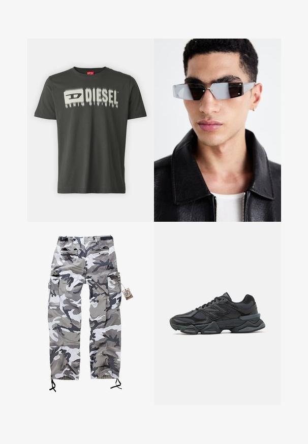 Tummanharmaa puuvillapaita, jossa on valkoinen graafinen teksti "DIESEL" sumealla vaikutuksella. Pyöreä kaulus, lyhyet hihat ja normaali istuvuus.; Kamikaze-henkitaloushousut harmaan ja valkoisen sävyissä, joissa on useita taskuja ja nyöritys lahkeiden resoreissa säädettävää istuvuutta varten.; Musta juoksukenkä, jossa on yhdistelmä verkko- ja synteettisiä materiaaleja, paksu pohja, kaareva muotoilu ja näkyvä brändäys sivussa.; Kuluneet harmaan sävyiset aurinkolasit, joissa on hopeiset yksityiskohdat, vaaleaa taustaa vasten. Linssit ovat ainutlaatuisen geometrisen muotoiset.
