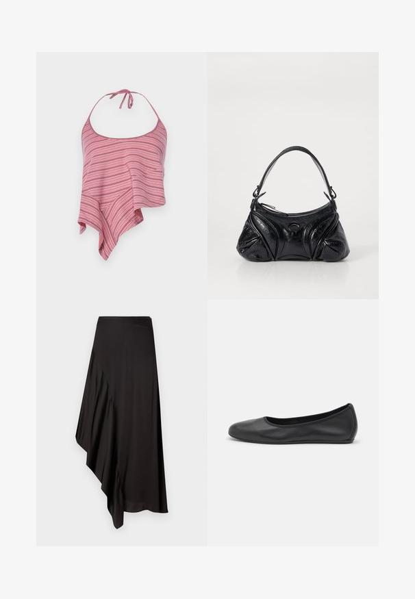 Randig halterneck-top i rosa och vitt, med en flödande, asymmetrisk design och knytning vid nacken. Mjuk, lättviktsmaterial.; AERON ASTER SKIRT - Pennkjol - black; Svart läderballerinaskor med rund tå, slät yta, minimala söm detaljer och en flexibel sula.; Svart handväska i texturerat läder med rundad form. Har en tunn axelrem och dekorativa präglade mönster.