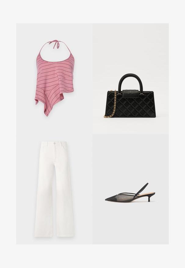 Csíkos, rózsaszín és fehér pánt nélküli felső, amely foltos, aszimmetrikus kialakítással rendelkezik, nyakánál megkötős záródással. Puha, könnyű anyag.; Fehér, magas derekú, bő szabású farmernadrág. Gombos záródással, két elülső zsebbel és oldalsó varrásokkal rendelkezik, amelyek varrási részleteket tartalmaznak.; NEOUS IRENA - Klasszikus sarkú cipők - black; Fekete kézitáska texturált bőrből, gyémántmintázattal, aranyszínű láncos pánttal és logóval gravírozott fedélzárral ellátott felső fogantyúval.