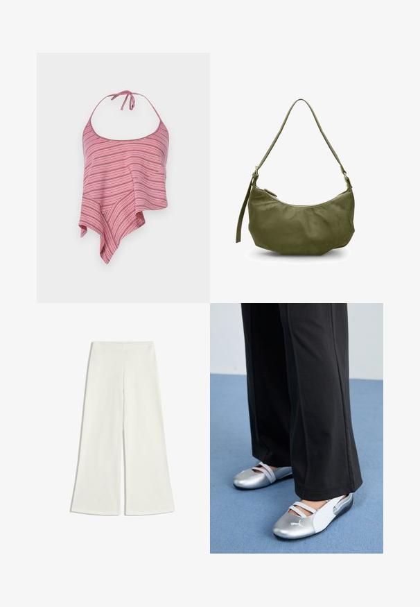 Top halter a righe in rosa e bianco, caratterizzato da un design fluido e asimmetrico con una chiusura a fiocco al collo. Tessuto morbido e leggero.; Pantaloni a gamba larga bianchi realizzati in tessuto morbido. Presentano una vita alta e nessuna cucitura visibile, creando una silhouette pulita.; Scarpe piatte argento e bianche con cinturini incrociati e dettagli testurizzati, abbinate a pantaloni neri larghi. Ambientate su un pavimento blu.; Borsa a spalla in pelle verde oliva con forma curva, chiusura con zip e tracolla regolabile. Texture liscia con minimi dettagli in metallo.