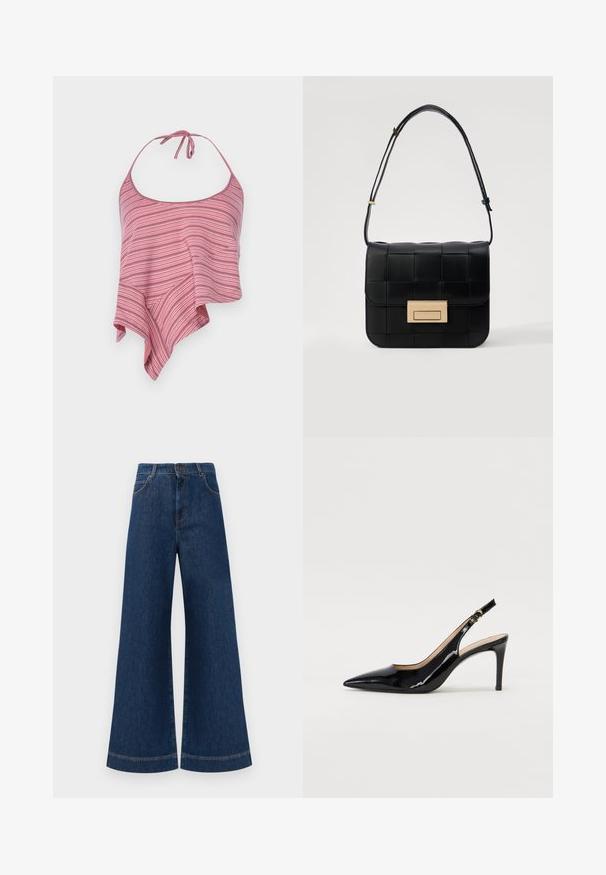 Striped halter top in pink and white, featuring a flowing, asymmetrical design with a tie closure at the neck. Soft, lightweight fabric.; Wide-leg blue denim jeans with a high waist, featuring a button closure, belt loops, and subtle stitching details along the pockets and hems.; Black patent leather slingback pump with pointed toe, slim heel, and a subtle cutout design. Features a gold buckle on the strap.; Loeffler Randall DESI CROSSBODY WITH LOCK HARDWARE - Cross body bag - black