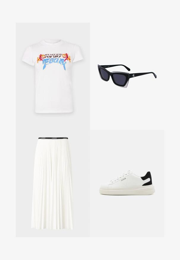 Hvit bomull t-skjorte med en flerfarget grafisk trykk som har "VERSACE JEANS COUTURE" og utsmykkede detaljer i rødt og blått.; Plissert hvit skjørt med en svart elastisk midje som har "LACOSTE"-logoen. Midjelengde design med myk tekstur.; Hvite lær sneakers med tykk hvit såle, svart semsket hælforsterkning og preget logo på siden. Snøresystem med seks hull.; Store svarte solbriller i overdimensjonert størrelse med geometrisk form, med mørke linser og en kontrasterende grå detalj på rammen. Logo på armen.