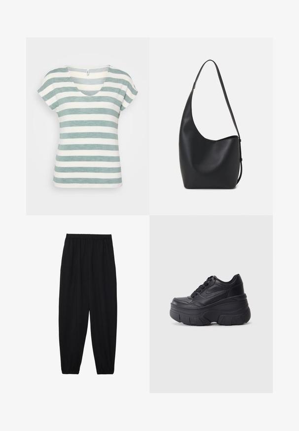 Svītrains īsām piedurknēm V-veida kakla krekliņš gaiši zaļā un baltā krāsā, izgatavots no teksturēta auduma. Piedāvā brīvu piegriezumu ar īsām piedurknēm.; Melnas, vieglas bikses ar elastīgu jostu un savilktiem potītiem. Audums ir gluds un to raksturo brīva, sašaurināta forma.; Melni šņorējami sporta apavi ar biezu zoli, ar gludu ādas augšdaļu, noapaļotu purngalu un izteiktu slāņveida platformas dizainu.; Melnas ādas hobo soma ar gludu tekstūru, izliekta forma un vienu regulējamu jostu; augšā ir plaša atvere.