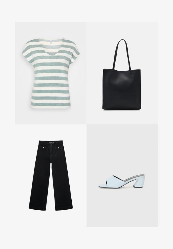 Prugasta kratka majica s V-izrezom u svijetlozelenoj i bijeloj boji, izrađena od teksturirane tkanine. Ima opuštenu siluetu s kap rukavima.; Črne široke kavbojke z visokim pasom, ki imajo dva sprednja žepa in kovinske gumbi. Tkanina ima gladko teksturo.; Svetlo modre sandale na peto z odprtim prstom in geometrijskim vzorcem, ki imajo širok trak čez nogo in masiven, kotni višji del.; Črna usnjena torba s svilnato teksturo, pravokotne oblike in dvema dolgima ročajema. Brez vidnih metalnih delov ali okrasnih elementov.