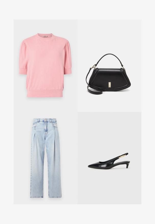 Vaaleanpunainen lyhythihainen toppi, joka on valmistettu pehmeästä kankaasta ja jossa on pyöreä kaula-aukko sekä puffihihat. Alaosa on istuva.; Vaaleansiniset farkut, joissa on korkea vyötärö, leveälahkeinen leikkaus, kaksi sivutaskua ja pleatattu muotoilu. Pehmeä rakenne, jossa on haalistunut viimeistely.; Mustat nahkaiset slingback-korkokengät, joissa on terävä kärki, ohuet korot ja kultasävytteinen yksityiskohta säädettävässä hihnassa. Silkkinen pinta.; Mustalla nahkalaukulla, jossa on jämäkkä muotoilu, lyhyt malli, yläkahva ja kultaiset yksityiskohdat. Säädettävä olkahihna sisältyy.