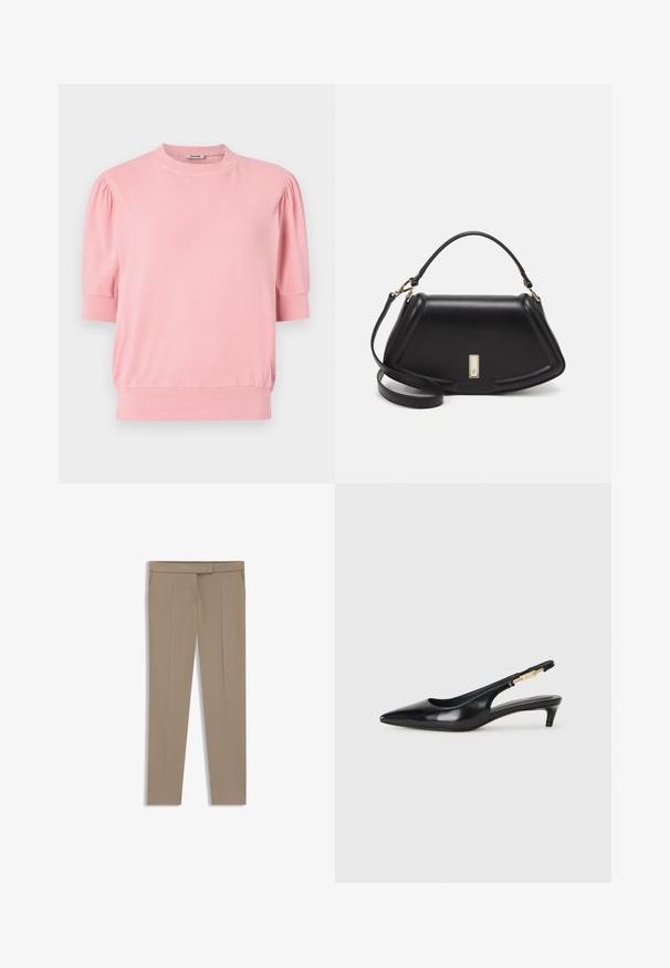 Różowy, krótki top z rękawami, wykonany z miękkiego materiału, z okrągłym dekoltem i bufiaste rękawy, ze dopasowanym dołem.; Beżowe spodnie o dopasowanym kroju z gładką fakturą, prostymi nogawkami, plisą z przodu i dwoma kieszeniami bocznymi. Prosty pas z metalowym akcentem.; Czarne skórzane szpilki typu slingback z ostrym noskiem, posiadające smukły obcas i złoty akcent na regulowanym pasku. Gładka tekstura.; Czarna skórzana torebka o strukturalnym designie, z przyciętą formą, górnym uchwytem i złotymi akcentami. W zestawie regulowany pasek na ramię.