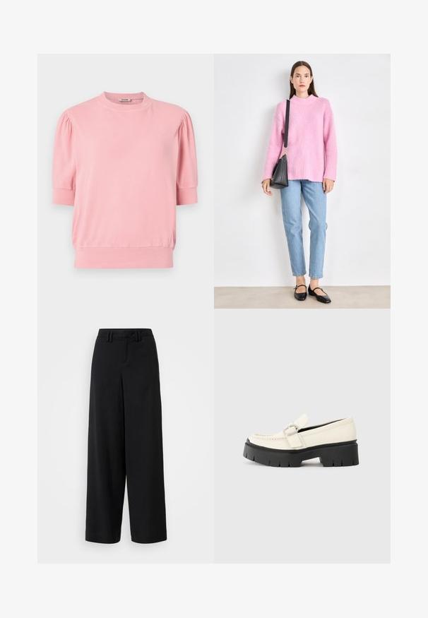 Vaaleanpunainen lyhythihainen toppi, joka on valmistettu pehmeästä kankaasta ja jossa on pyöreä kaula-aukko sekä puffihihat. Alaosa on istuva.; Mustat leveälahkeiset housut, jotka on valmistettu sileästä kankaasta ja joissa on tasainen etuosa, laskostettuja yksityiskohtia sekä vyölenkit vyötäröllä.; Valkoinen nahkainen loafers-kengät, joissa on paksu musta pohja, esillä suorakaiteen muotoinen hopeinen solki ja näkyvät ompelusaumat päällä.; Vaaleanpunainen pörröinen neule, jossa on korkea kaulus, vaaleansiniset farkut ja mustat loaferit. Neuleessa on rento malli ja ribbauskahvat. Musta käsilaukku, jossa on hihna.