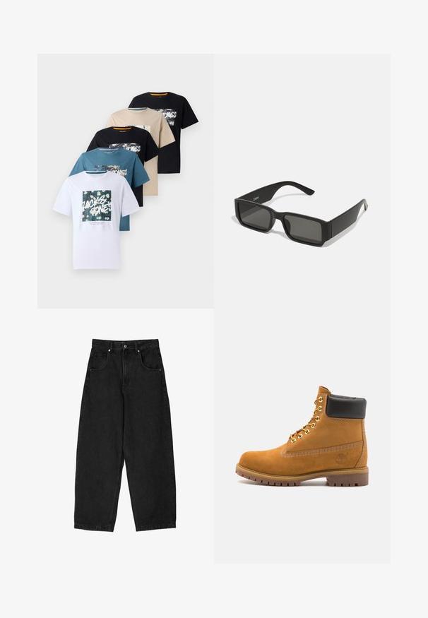 Vijf T-shirts met korte mouwen in het wit, teal, beige, zwart en donkerblauw, met grafische prints op de voorkant in verschillende bloemmotieven.; Zwarte denim pijpenbroeken met een hoge taille, voorzien van vijf zakken, een ritssluiting en een metalen knoopsluiting. Zachte textuur, minimale details.; Tan suède enkelboot met zwart gevoerd kraagje, gouden metalen oogjes, witte stikdetails en een robuuste rubberen zool met uitgesproken profiel.; Zwarte zonnebril met rechthoekige lenzen, matte plastic montuur en rechte randen. Bevat het merkteken op de binnenarm.