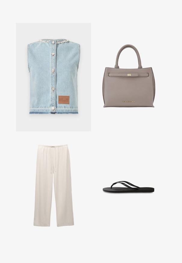 Světle modrá džínová bezrukávová vesta se zdrhovacím lemem, dekorativním prošitím, předním zapínáním na knoflíky a hnědou koženou nášivkou s logem.; Světle barevné široké kalhoty vyrobené z jemné látky s elastickým pasem a nastavovací šňůrkou pro pohodlí.; Černé žabky s texturovanou gumovou podrážkou, dvěma štíhlými popruhy a jemným, embosovaným logem na popruhu.; Šedá kožená kabelka se strukturovaným tvarem, dvojitými držadly, předním klopou se zlatým zapínáním a embosovaným logem dole.