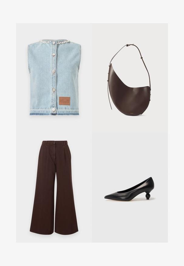 Vest din denim de culoare albastru deschis, fără mâneci, cu tiv desfăcut, broderie decorativă, închidere cu nasturi în față și o etichetă logo din piele maro.; Pantaloni maro cu talie înaltă, cu picioare largi, închidere cu nasture și fermoar, cu bucle pentru curea și pliseuri în față.; Pantofii cu toc înalt din piele neagră, cu vârf ascuțit și toc rotund, mimos. Textură netedă, cu un design elegant și minimalist.; Geantă din piele maro cu o formă curbată, curea unică și un design minimalist. Prezintă un logo subtil și accente din aur.