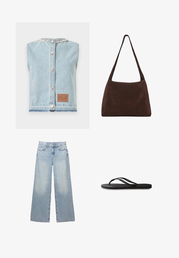 Svetlo modrá deninová bezrukávová bunda s roztrhnutým lemom, dekoračným prešívaním, zapínaním na prednom gombíku a hnedou koženou nášivkou.; Svetlomodré nohavice s širokými nohavicami vyrobené z denimu. Majú päť vreciek, pútka na opasok a zapínanie na gombík. S jemným opotrebovaním a osvetlením.; Čierne žabky s textúrovanou gumovou podrážkou, dvoma štíhlymi popruhmi a diskrétnym embosovaným logom na popruhu.; Hnedá semišová kabelka na rameno s uvoľneným tvarom, jedným širokým popruhom a jednoduchým dizajnom. Obsahuje viditeľné švy pozdĺž okrajov.