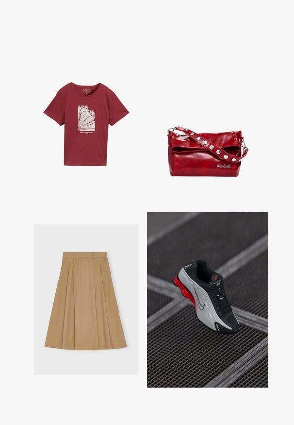 Bordeaux katoenen t-shirt met een ronde hals, korte mouwen, voorzien van een witte grafische afbeelding van abstract tropisch loof en tekst eronder.; Knielange, geplooide rok van lichtbruin katoen, met een aansluitende tailleband met riemlussen en een rechte zoom.; Zwarte en grijze sportieve schoen met een rode dempende zool, zwarte veters en een swoosh-logo, rustend op een metalen rasteroppervlak.; Rode synthetische leren schoudertas met een omslagflap, zilveren drukknoopaccenten op de band, en een bedrukte "Desigual" logo.