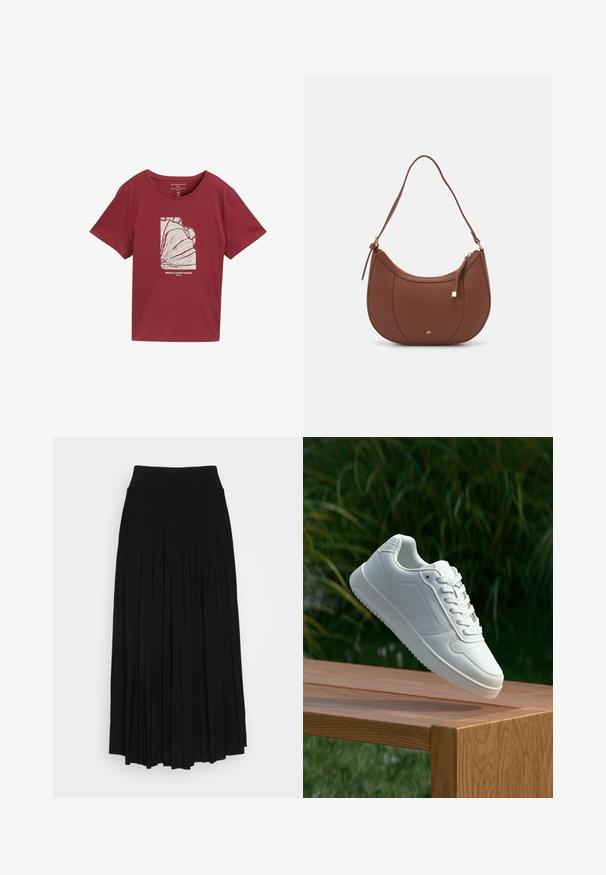 Burgundy bomullströja med rund halsringning och korta ärmar, som har en vit grafisk design av abstrakt tropisk lövverk och text nedanför.; Svart plisserad kjol med högt, elastiskt midjeband. Tillverkad av mjukt tyg, med vertikala plisseringar för en flytande silhuett.; Vita sneakers med en slät syntetisk ovandel, perforerat tåparti, platta snören och en strukturerad sula, placerade på en träyta.; Brun faux läder axelväska med rundad form, minimal sömnad och detaljer i guldfärgad hårdvara. Har en övre dragkedjestängning och justerbar rem.