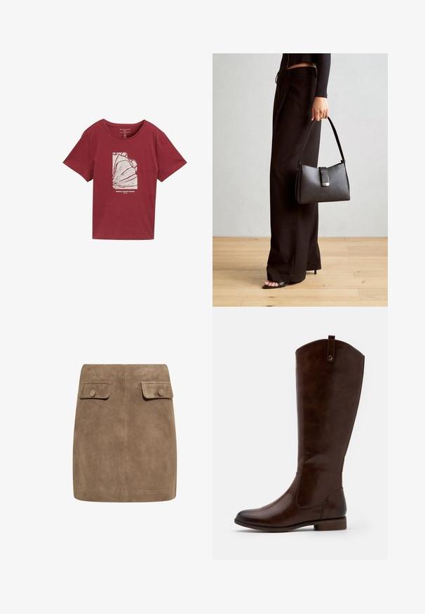 Bordeaux katoenen t-shirt met een ronde hals, korte mouwen, voorzien van een witte grafische afbeelding van abstract tropisch loof en tekst eronder.; Bruine suède mini-jurk met een gladde textuur, voorzien van twee voorflapzakken en knoopsluitingen aan elke kant. Eenvoudig, recht ontwerp.; Bruine kniehoge laarzen van soepel leer, met een ronde neus, lage gestapelde hak en een subtiel stikselpatroon langs de zijkanten.; Zwarte handtas met gestructureerde vorm, gladde textuur en een metalen sluiting. Gecombineerd met brede zwarte broeken en sandalen met open teen op een houten vloer.