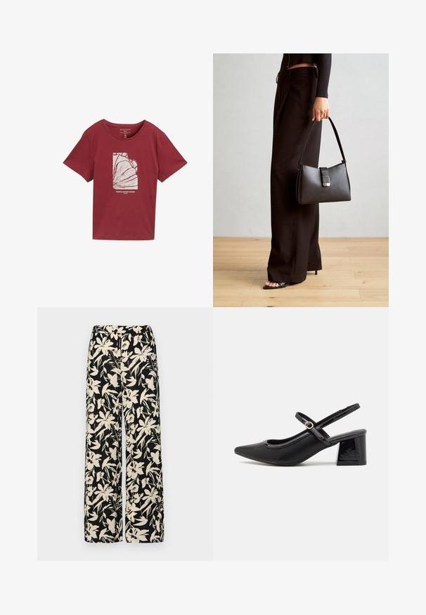 Burgundin värinen puuvillapaita, jossa on pyöreä kaula-aukko ja lyhyet hihat. Paidassa on valkoinen graafinen printti, jossa on abstrakteja trooppisia lehtiä ja teksti alapuolella.; Mustat leveälahkeiset housut, joissa on kermaisen värinen kukkakuosi. Valmistettu kevyestä kankaasta, jossa on sileä pinta ja korkea vyötärö.; Musta lakattu nahka slingback-korkokengät, joissa on terävä kärki, pyöreä aukko-muotoilu ja lohkokorko. Varustettu kultasävyisellä solkiyksityiskohdalla.; Musta käsilaukku, jossa on rakenteellinen muoto, sileä pinta ja metallinen solki. Yhdistetty leveisiin mustiin housuihin ja avonaiheisiin sandaaleihin puulattialla.