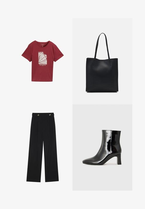 Bourgogne bomulds t-shirt med rund halsudskæring, korte ærmer, med et hvidt grafisk design af abstrakt tropisk løv og tekst nedenfor.; Sorte vide bukser med høj talje, knapdetaljer på taljebåndet og frontfald.; Sort lakeret ankelstøvle med spids tå og en midt-højde blokhæl. Glat tekstur og minimalistisk design.; Sort læder tote taske med glat tekstur, rektangulær form og to lange hanke. Ingen synlig hardware eller udsmykninger.
