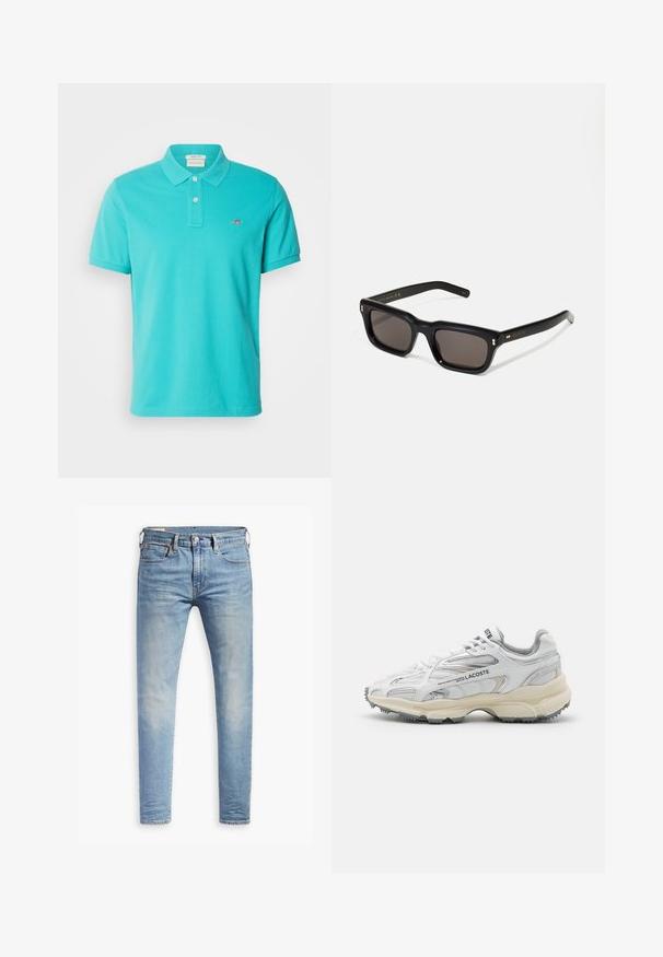 GANT REG SHIELD SS - Poloskjorter - lagoon blue; Lyseblå slim-fit jeans med svak falming på lårene, frontknappelukking, beltehemper, og fem-lomme design på hvit bakgrunn.; Hvite joggesko med grå detaljer, overdel i mesh og syntetisk materiale, snøring og såle i gummi med teksturert mønster for godt grep.; Sorte rektangulære solbriller med mørke linser, tykk plastikkramme, gullaccenter på skulderpartiet og merkevarelogo gravert på armen.