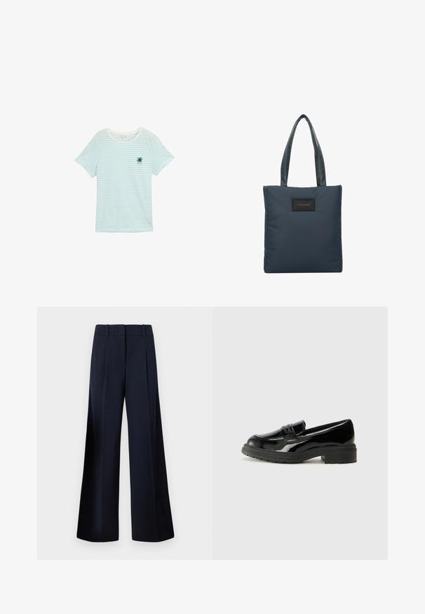 Camiseta de rayas azul y blanca, de manga corta, con cuello redondo, fabricada en material de algodón ligero. Presenta un gráfico de sol en el pecho.; TOM TAILOR LEA WIDE - Pantalones - sky captain blue; Mocasines de charol negro con suela gruesa de goma negra, que presentan un empeine cosido y una superficie suave y brillante.; Bolso de mano azul marino hecho de nylon suave, con dos asas texturizadas y un parche de logo rectangular negro en el frente.