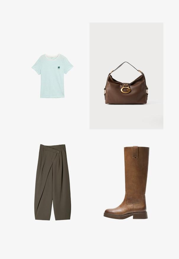 Blå og hvid stribet t-shirt, kortærmet, rund halsudskæring, letvægts bommateriale. Har et sol-graphic på brystet.; Bredde-bukser i mørke olivengrønne stoffer, med en plisseret frontdesign, en knaplukning og en poleret, struktureret overflade.; Brune læderknæhøje støvler med rund tå, struktureret overflade og en stabelt lav hæl. Har en sidepanel og en løftestrop øverst.; Brun lædertaske med struktureret finish, der har en guldfarvet lås og en enkelt, buet skulderrem.